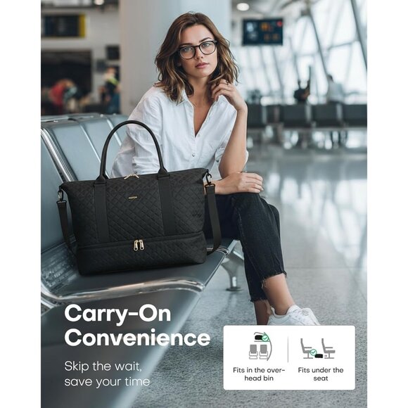 Hotor Women Black Large Overnight with Shoe Compartment  Travel Duffel Bag - Picture 6 of 8